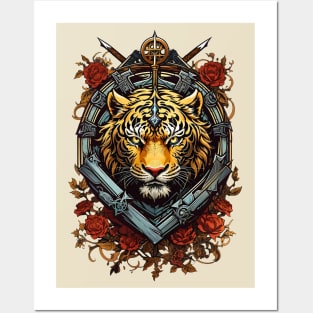 Tiger Coat of Arms Heraldic retro vintage floral design Posters and Art